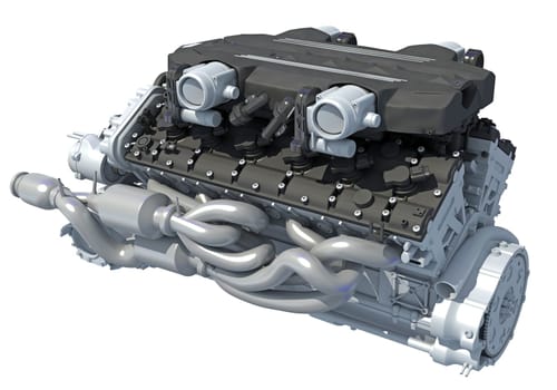 V12 Car Engine 3D rendering model on white background