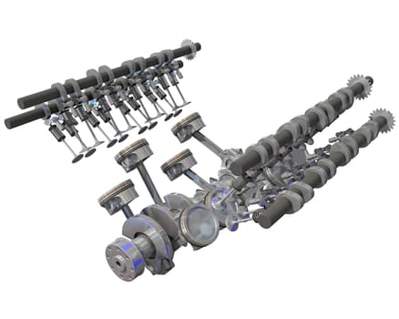 V8 Engine Cylinders 3D rendering model on white background