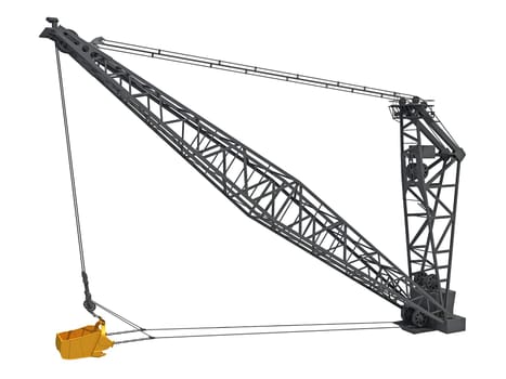 Dragline Excavator Bucket heavy construction machinery 3D rendering on white background