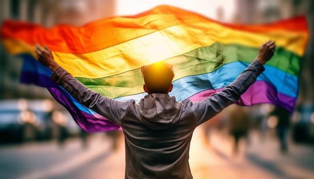 LGBTQ person holding rainbow flag back view in sunlight. copy space, concept for calling all people to support and respect the gender diversity, human rights and to celebrate lgbtq in pride month. Proud lesbian,gay,transgender or bisexual colorful