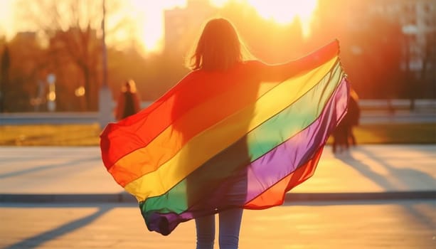 LGBTQ person holding rainbow flag back view in sunlight. copy space, concept for calling all people to support and respect the gender diversity, human rights and to celebrate lgbtq in pride month. Proud lesbian,gay,transgender or bisexual colorful