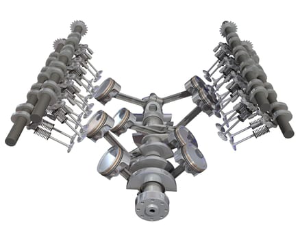 V8 Engine Cylinders 3D rendering model on white background