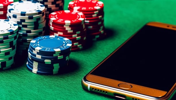 Online casino, poker chips with smartphone, slot machine, Casino Roulette, poker chips and playing cards concept copy space. Games on smartphone online with app space for text