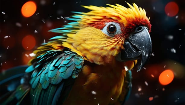 Colorful parrot flies in the jungle gradient neon colors. Blue and Yellow Macaw Ara Ararauna South American parrot gradient fluffy feathers cerulean golden yellow background Tropical copy space