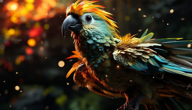 Colorful parrot flies in the jungle gradient neon colors. Blue and Yellow Macaw Ara Ararauna South American parrot gradient fluffy feathers cerulean golden yellow background Tropical copy space