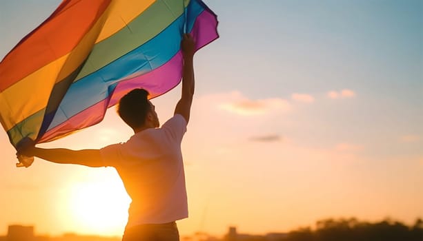 LGBTQ person holding rainbow flag back view in sunlight. copy space, concept for calling all people to support and respect the gender diversity, human rights and to celebrate lgbtq in pride month. Proud lesbian,gay,transgender or bisexual colorful