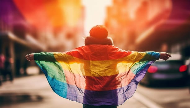 LGBTQ person holding rainbow flag back view in sunlight. copy space, concept for calling all people to support and respect the gender diversity, human rights and to celebrate lgbtq in pride month. Proud lesbian,gay,transgender or bisexual colorful