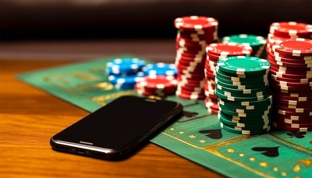 Online casino, poker chips with smartphone, slot machine, Casino Roulette, poker chips and playing cards concept copy space. Games on smartphone online with app space for text