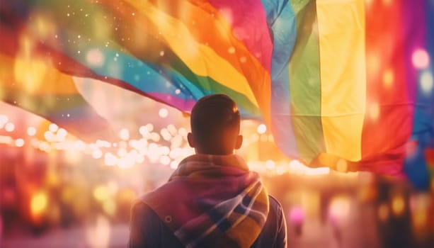 LGBTQ person holding rainbow flag back view in sunlight. copy space, concept for calling all people to support and respect the gender diversity, human rights and to celebrate lgbtq in pride month. Proud lesbian,gay,transgender or bisexual colorful