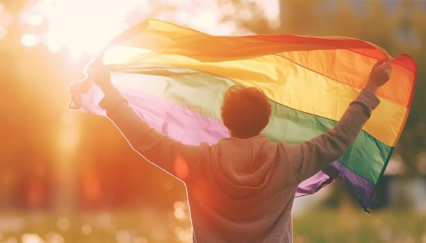LGBTQ person holding rainbow flag back view in sunlight. copy space, concept for calling all people to support and respect the gender diversity, human rights and to celebrate lgbtq in pride month. Proud lesbian,gay,transgender or bisexual colorful
