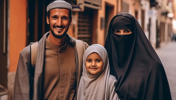 Portrait Of Happy Arabic Parents Posing With Their Little Daughter in the Islam streets. Wearing traditional hijab clothes. Family,Islamic Muslim parents together beauty