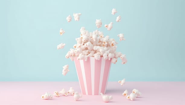 abstract cartoon style popcorn bucket 3d rendering animation. Pastel colored pink and blue. 3D cinema concept Space for text