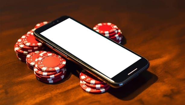 Online casino, poker chips with smartphone, slot machine, Casino Roulette, poker chips and playing cards concept copy space. Games on smartphone online with app space for text