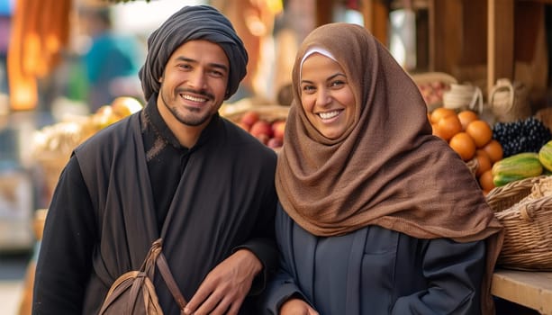 Happy Muslim couple having fun together on street market, food market in Islam country. Wearing Hijab traditional clothes Arabic Love