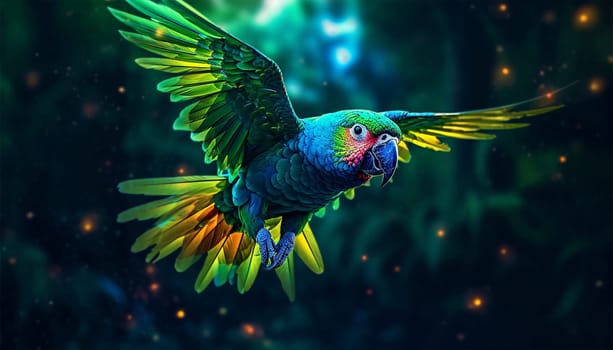 Colorful parrot flies in the jungle gradient neon colors. Blue and Yellow Macaw Ara Ararauna South American parrot gradient fluffy feathers cerulean golden yellow background Tropical copy space