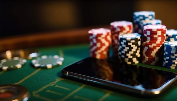 Online casino, poker chips with smartphone, slot machine, Casino Roulette, poker chips and playing cards concept copy space. Games on smartphone online with app space for text