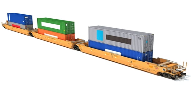 Double Stack train Cars with Containers 3D rendering model on white background