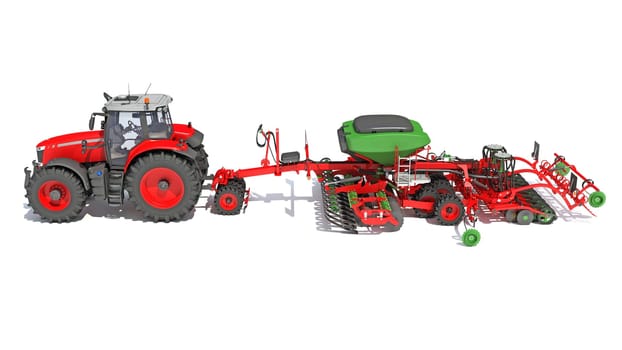 Farm Tractor with Seed Drill 3D rendering model on white background