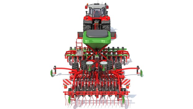 Farm Tractor with Seed Drill 3D rendering model on white background