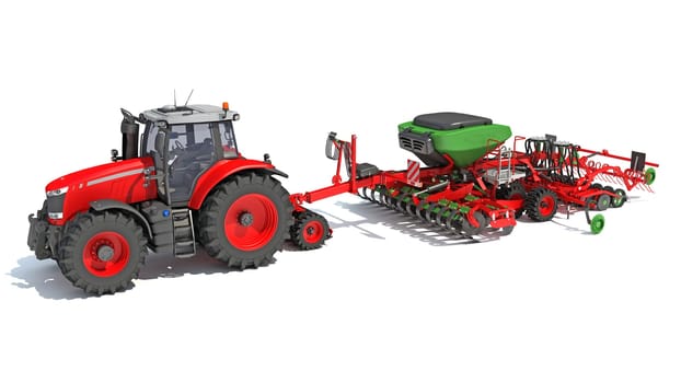 Farm Tractor with Seed Drill 3D rendering model on white background