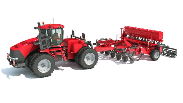 Farm Tractor with Seed Drill 3D rendering model on white background
