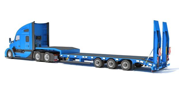 Heavy Truck with Flatbed Trailer 3D rendering model on white background