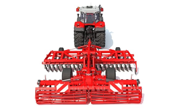 Farm Tractor with Seed Drill 3D rendering model on white background