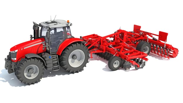 Farm Tractor with Seed Drill 3D rendering model on white background