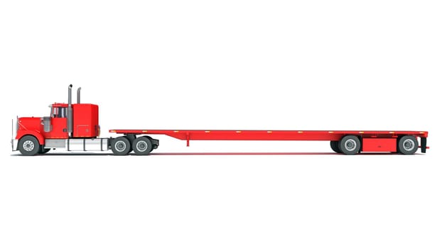 Heavy Truck with Flatbed Trailer 3D rendering model on white background