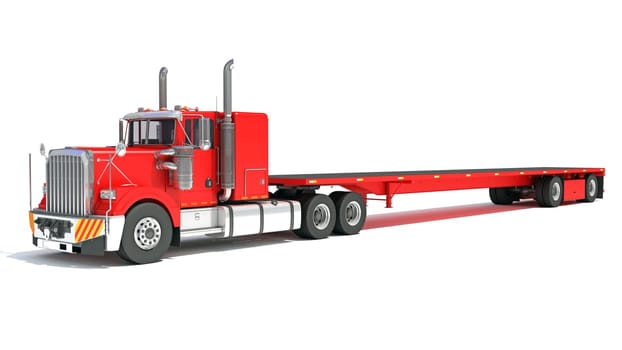 Heavy Truck with Flatbed Trailer 3D rendering model on white background