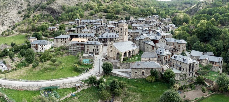 Durro panoramic aerial view, in the Vall de Boi, Lleida Catalonia, Cataloged as one of the most beautiful towns in Spain