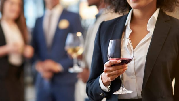 businesswoman holding glass of red wine at corporate party. AI generated
