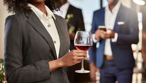 businesswoman holding glass of red wine at corporate party. AI generated