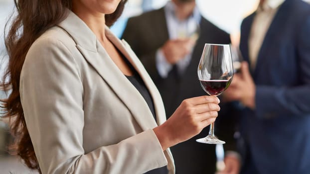 businesswoman holding glass of red wine at corporate party. AI generated