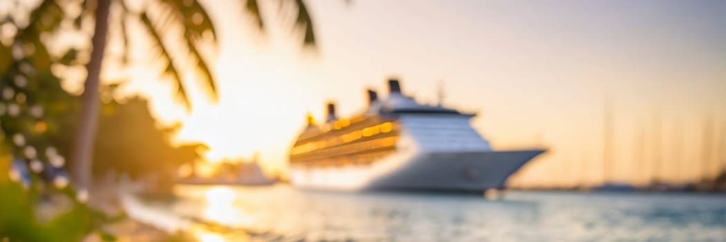 Cruise ship and palm tree on the beach in the tropics. Tropical island vacation concept. AI generated