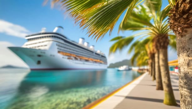 Cruise ship and palm tree on the beach in the tropics. Tropical island vacation concept. AI generated