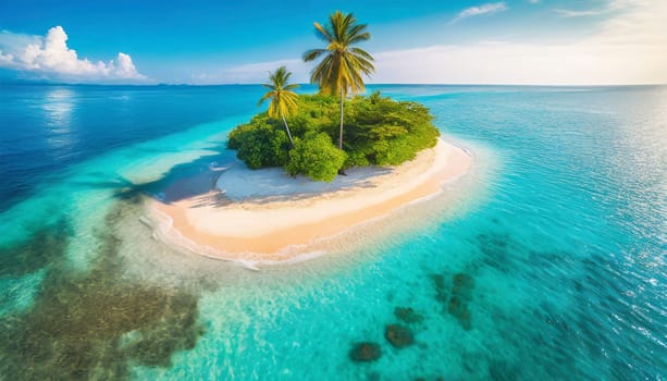 Aerial view of tropical island with palm trees and sandy beach. AI generated