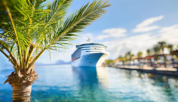 Cruise ship and palm tree on the beach in the tropics. Tropical island vacation concept. AI generated
