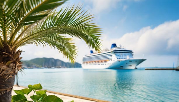 Cruise ship and palm tree on the beach in the tropics. Tropical island vacation concept. AI generated
