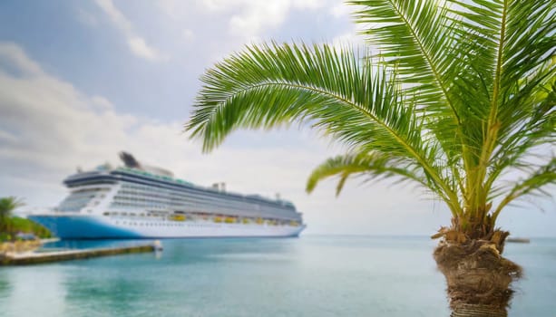 Cruise ship and palm tree on the beach in the tropics. Tropical island vacation concept. AI generated