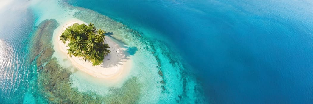 Aerial view of tropical island with palm trees and sandy beach. AI generated