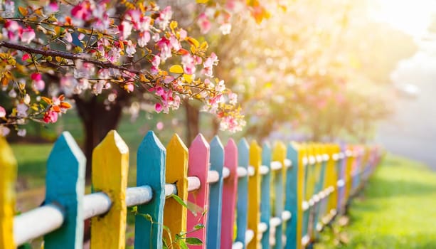 Colorful wooden fence in the garden with pink tree blossom in spring and morning sunshine. AI generated