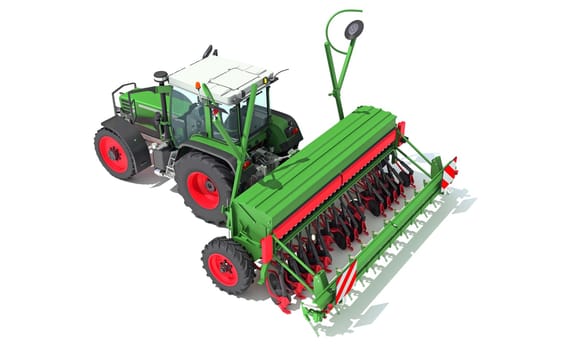 Tractor with Seed Drill farm equipment disc harrow 3D rendering model on white background