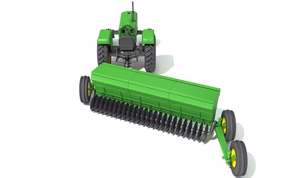 Tractor with Seed Drill farm equipment disc harrow 3D rendering model on white background