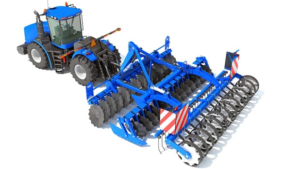 Tractor with Seed Drill farm equipment disc harrow 3D rendering model on white background