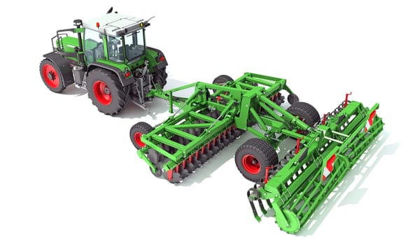 Tractor with Seed Drill farm equipment disc harrow 3D rendering model on white background