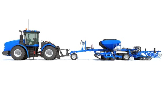 Tractor with Seed Drill farm equipment disc harrow 3D rendering model on white background