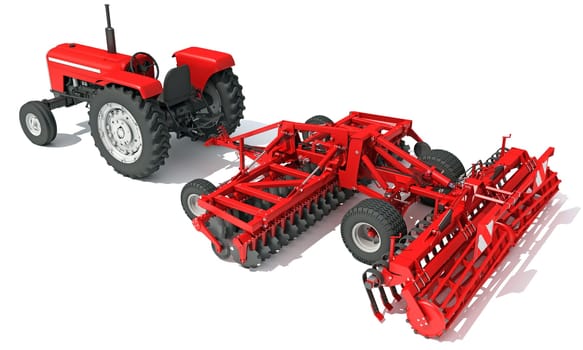 Tractor with Seed Drill farm equipment disc harrow 3D rendering model on white background