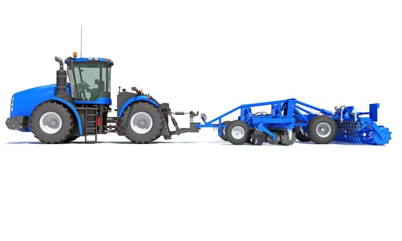 Tractor with Seed Drill farm equipment disc harrow 3D rendering model on white background
