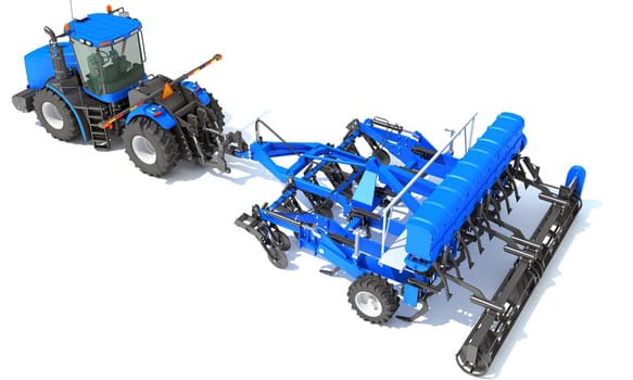Tractor with Seed Drill farm equipment disc harrow 3D rendering model on white background